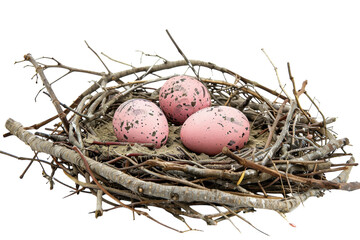 Fototapeta premium A delicate nest cradles three speckled pink eggs surrounded by twigs and soft moss