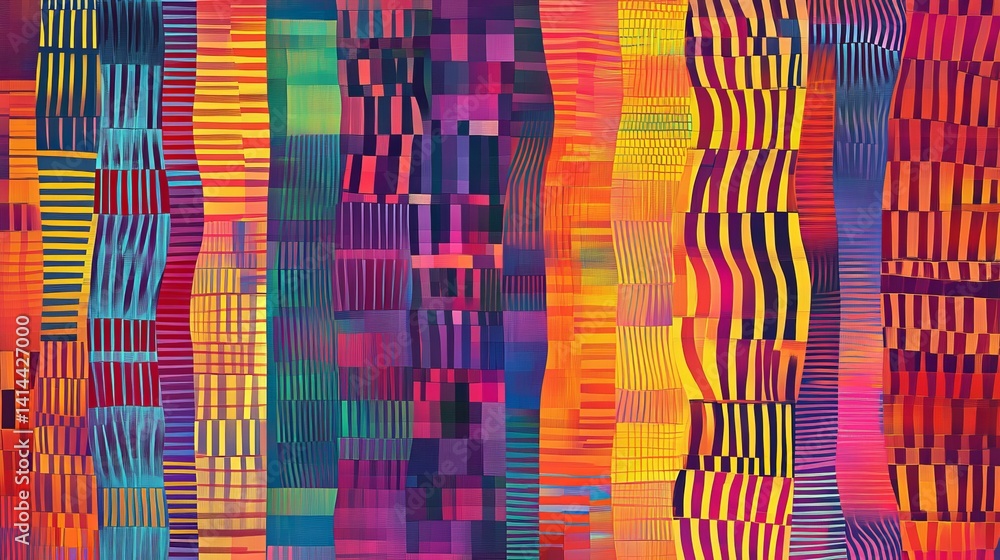 Poster abstract colorful geometric pattern with vertical stripes and squares creating a vibrant design.