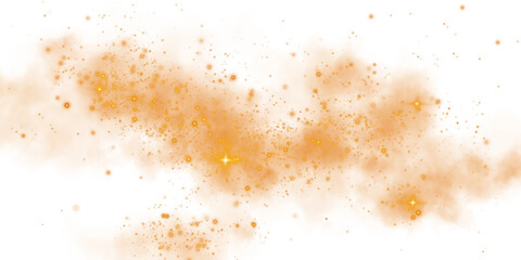 Magic orange smoke with glitter and small particles of twinkling stars. Fog with luminous particles. Orange vapor with stardust. PNG.