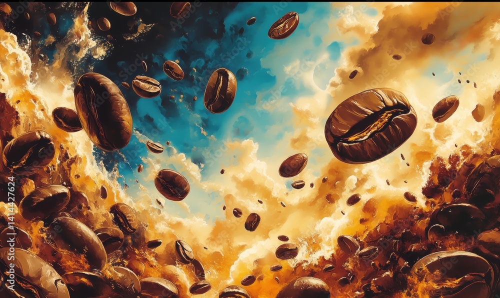 Poster coffee beans floating in a dramatic sky with vibrant colors and dynamic clouds