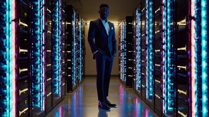 Confident businessman suit standing futuristic server room blue red neon lights data center IT leadership technology scale
