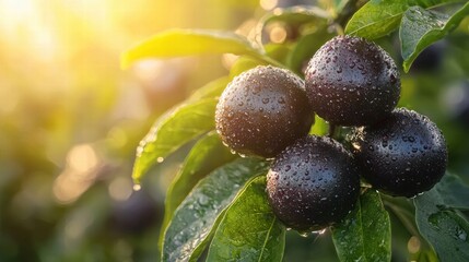 Bountiful black berries hanging on a tree surrounded by lush green foliage in nature