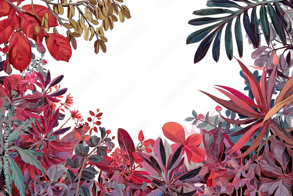 Poster vibrant botanical border with stylized foliage and empty center for design element