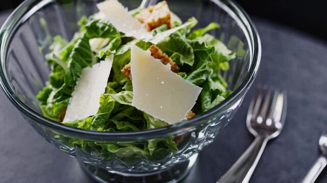 Fresh Caesar salad with parmesan shavings and crisp lettuce in glass bowl, closeup of healthy appetizer with classic dressing, gourmet restaurant presentation of traditional starter