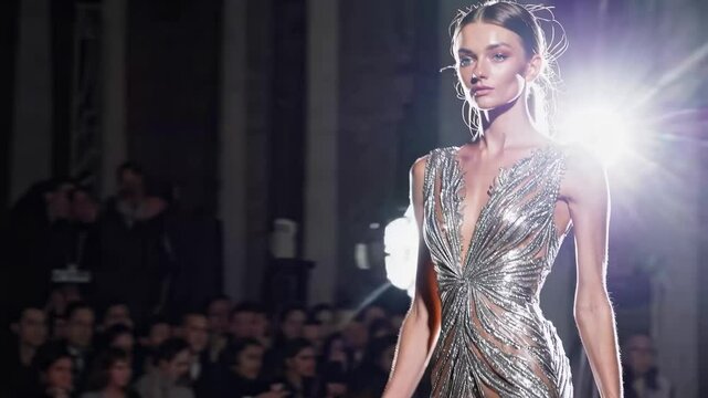 Glamorous female model showcasing dazzling silver sequin gown on fashion runway, luxury designer dress with plunging neckline under dramatic spotlight, high-end couture show with professional catwalk
