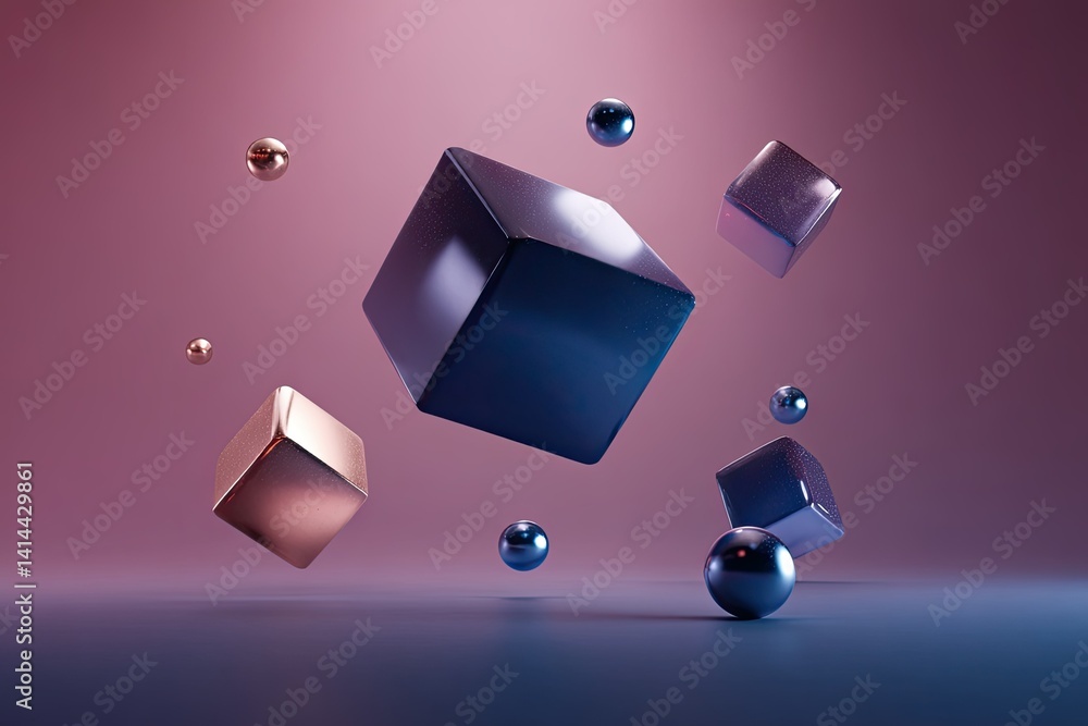 Poster dimensional harmony metallic spheres and cubes floating in delicate gradient backdrop