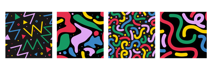 Fototapeta premium Colorful vector seamless patterns. Doodle fun kid backgrounds. Cute geometric design useful for fabric, textile, cover, banner, label, print, wrapping, wallpaper