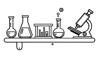 Simple Line Art Illustration of Science Lab Equipment on Shelf