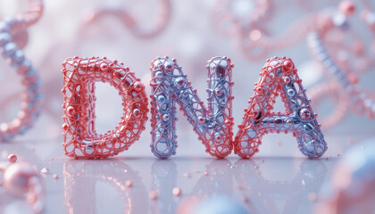 vibrant 3D representation of letters DNA made from intertwined strands, showcasing blend of red and blue colors, symbolizing genetic material and molecular structures