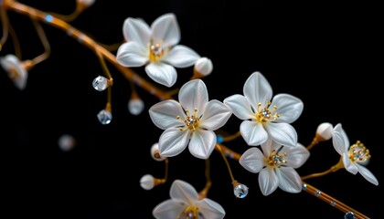 Obraz premium Delicate white glass & crystal flowers, gold wire accents, blue sparkle, black background, delicate, botanical