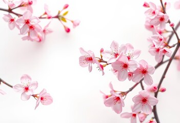 Obraz premium Delicate pink cherry blossoms arranged in a soft, ethereal vector illustration, leaving ample white space, vector art, floral design