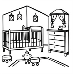 A cozy baby room , vector illustration ofa  children 's room with toys