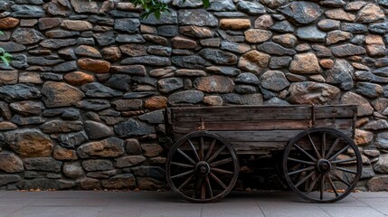 Obraz premium Antique wooden wagon parked against a stone wall