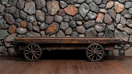 Obraz premium Antique wooden cart in front of stone wall