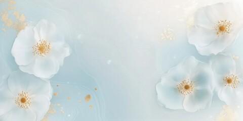 Luxurious pastel blue background with soft pink floral illustration and golden glitter accents. Elegant template ideal for wedding invitation, branding, or premium packaging design.