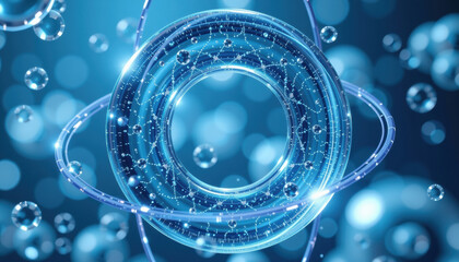 mesmerizing digital illustration of blue cosmic ring surrounded by bubbles, representing concept of space and science. glowing elements create futuristic atmosphere