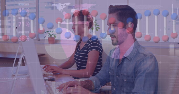 Image of dna strand and statistics, data processing over business people using computer