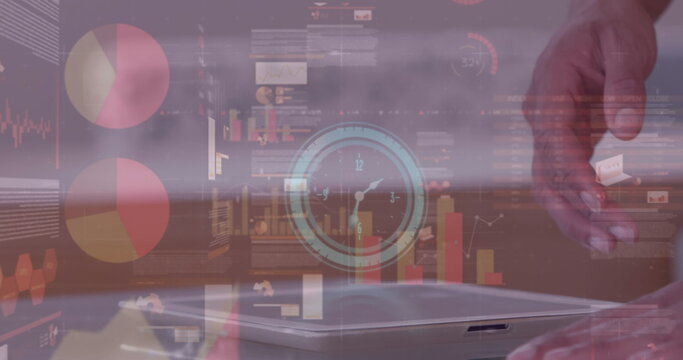 Image of clock and financial data processing over businessman using tablet