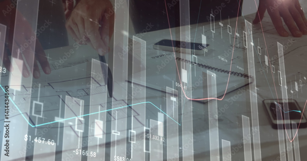 Poster image of statistics and data processing over architects with plans at meeting
