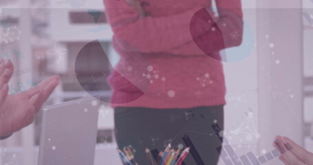 Image of statistics, molecules and data processing over business people clapping in office