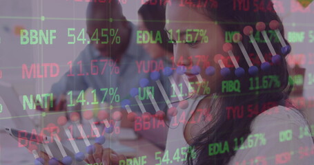 Image of dna strand and statistics, data processing over business people in meeting