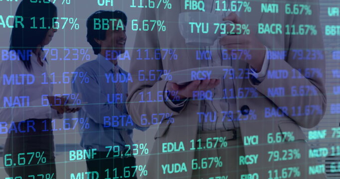 Image of financial data processing over business people in meeting - Powered by Adobe
