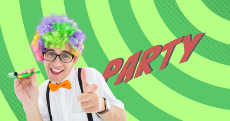 Image of party text with caucasian man with party clothes