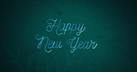 Image of happy new year text over blue lines