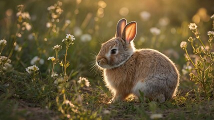Fototapeta premium A cute brown rabbit sits gracefully among wildflowers in the warm glow of sunset.