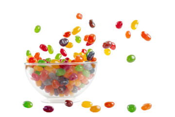 Colorful jelly beans flying above a glass bowl in a bright, playful kitchen setting
