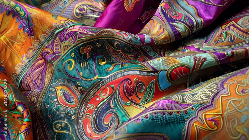 Poster the fabric showcases a stunning array of intricate designs in vivid colors, blending elegance with a