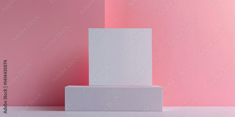 Poster minimalist display podium with white blocks against pink background for product presentation