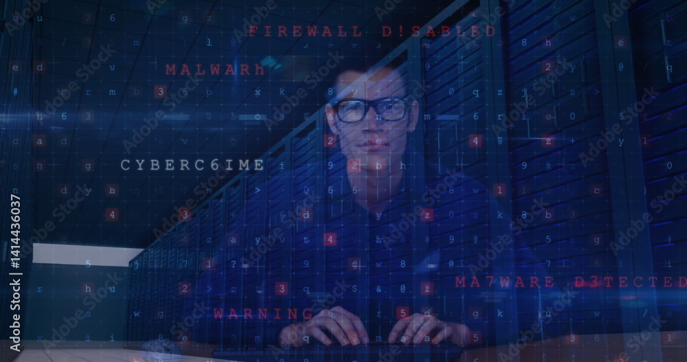 Poster image of cyber attack warning and data processing over male hacker and computer servers