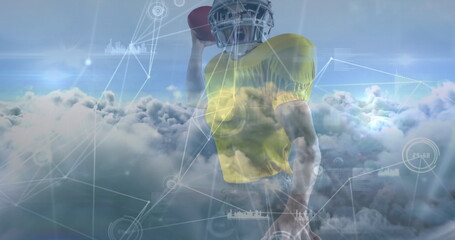 Image of network of connections and data processing over american football player and clouds