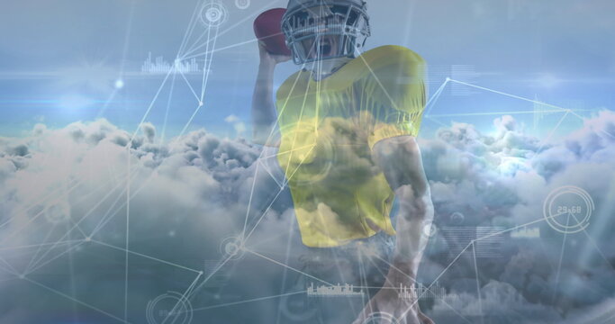Image of network of connections and data processing over american football player and clouds