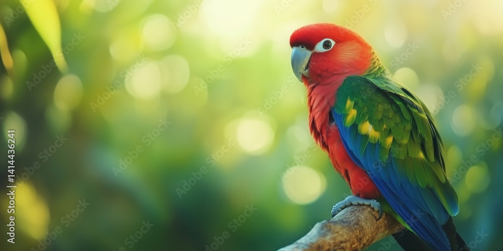 Poster colorful parrot perched on branch in lush green environment with soft bokeh background