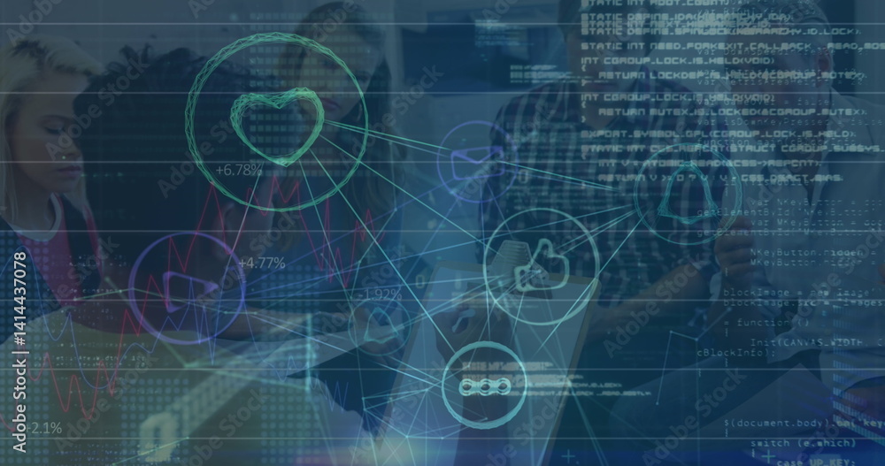 Poster image of network of connections and data processing over business colleagues discussing