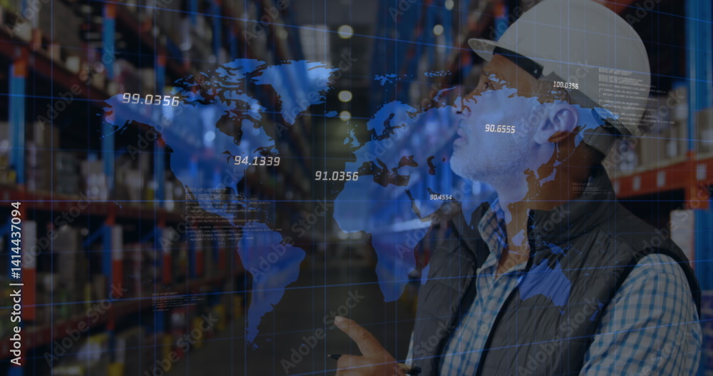 Poster image of financial data processing and world map over biracial worker in warehouse