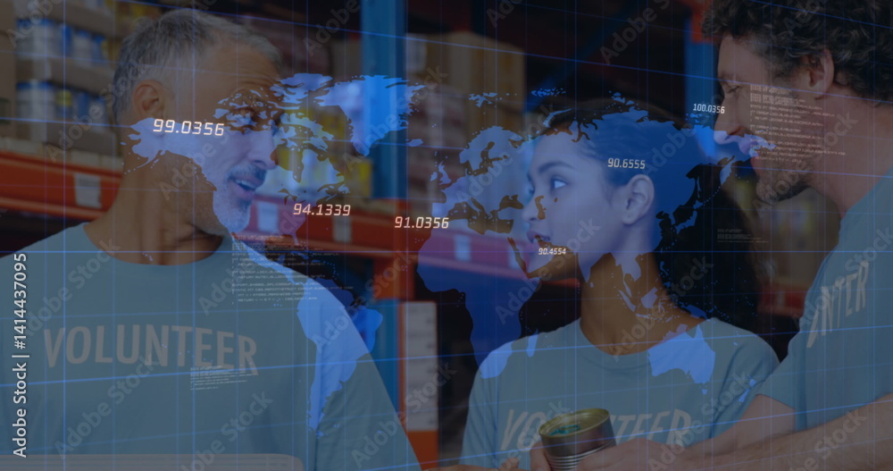 Poster image of numbers processing over world map and people working in warehouse