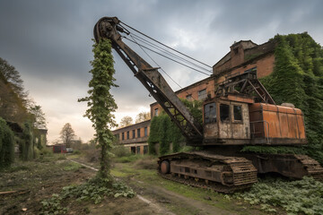 Abandoned Rusty Excavator in Overgrown Yard