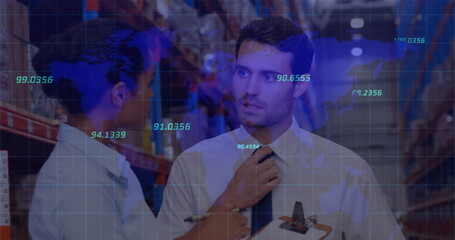 Image of financial data processing and world map over diverse business people in warehouse