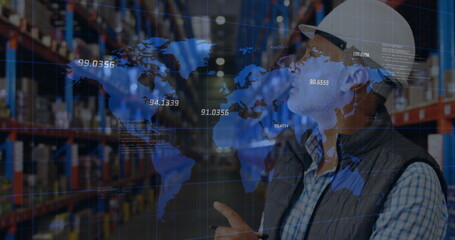 Image of financial data processing and world map over biracial worker in warehouse
