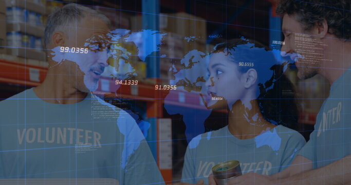 Image of numbers processing over world map and people working in warehouse - Powered by Adobe