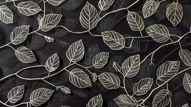 Delicate silver leaves are intricately embroidered on a black fabric, creating a stunning contrast that highlights the artistry and meticulous craftsmanship involved.