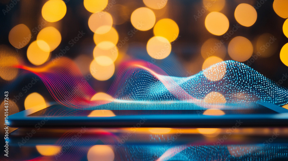 Poster Vibrant digital waves emanating from a tablet device Generative AI