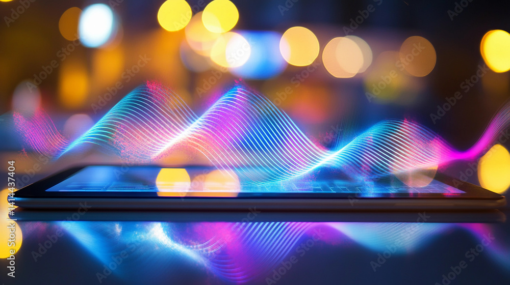 Poster vibrant digital waves reflect off a sleek tablet surface generative ai