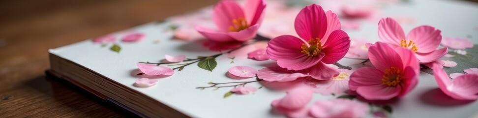 Fototapeta premium Close-up on floral magazine cover, petals in focus, close-up, pretty, template