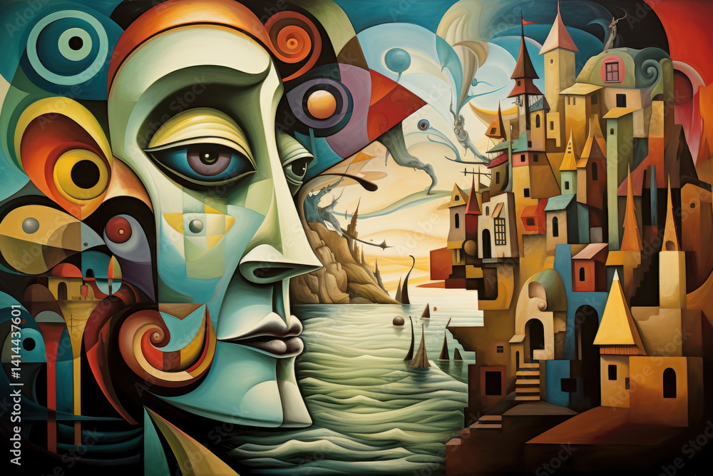 Poster a cubist-inspired dreamscape with surreal elements and distorted perspectives