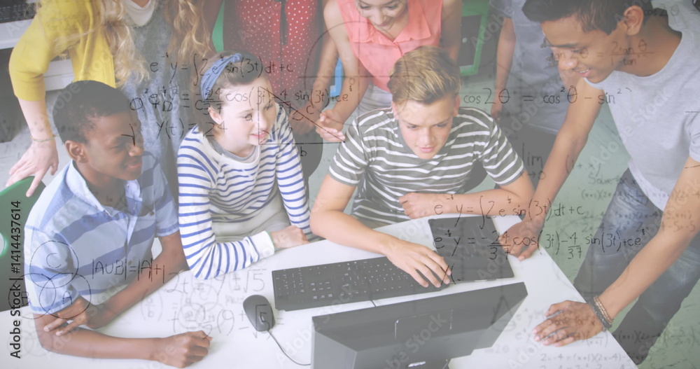 Poster image of mathematical equations with school children using computer in classroom