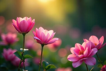 Dew-kissed petals, harp chords echo through blooming garden, morning light, flora